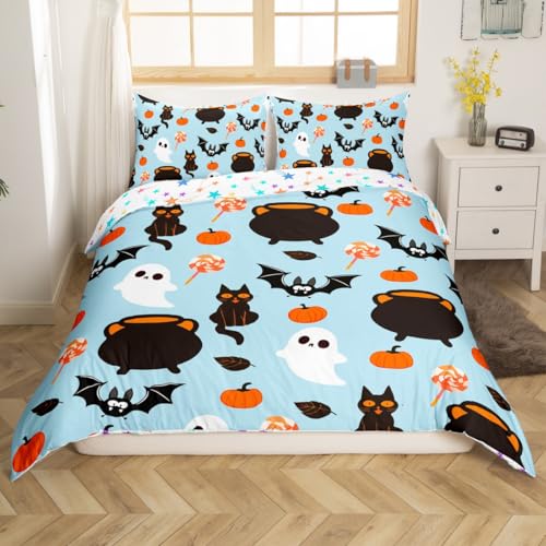 Homemissing Juego de ropa de cama con diseño de farol de calabaza, para niños y niñas, funda de edredón gótica con diseño de murciélagos negros, gatos, 2 fundas de almohada, 3 piezas, tamaño King