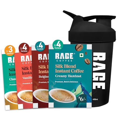 Rage Coffee - Silk Blend Assorted Sachets, Pack of 15 (3 Classic, 4 Creamy Hazelnut, 4 Vanilla Velvet & 4 Belgian Chocolate) +Multi-purpose Shaker 400 ML