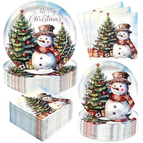 Homlouue Christmas Paper Plates and Napkins Sets, Christmas Plates Disposable for Christmas Xmas Holiday Party Decor, Holiday Paper Plates Serve 50, Snowman & Christmas Tree Paper Plates Cover