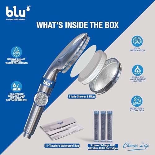 Blu Ionic Shower Filter - Skin & Haircare - Removes Chlorine & Harmful Pollutants - Prevent Hair Loss & Moisturize Your Skin (Handheld) - 2