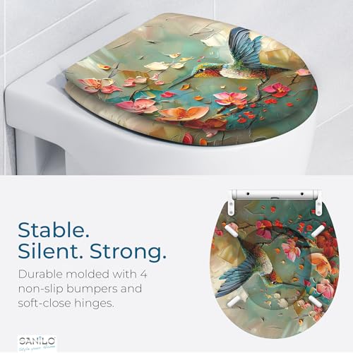 Image of Sanilo Wooden Toilet Seat with Quick Release & Soft Close [ROUND] - Decorative & Slow Close Molded Wood Seat - With One Click for Easy Installation & Cleaning - With Adjustable Fit (Petalo)