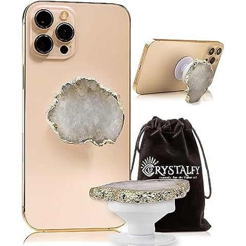 Grips by CRYSTALFY Clear Quartz Druzy Crystal Phone Grip & Phone Stand Authentic Natural Gemstone Swappable Top, Expandable Collapsible Holder for Smartphones and Tablets (Irregular Shaped) Cover