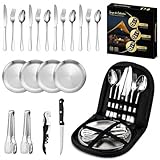Kit Cubiertos de Campamento Utensilios de Picnic Camping Cutlery Set 20Pzs 4 Personas, Portátil Juego de Vajilla Acero...