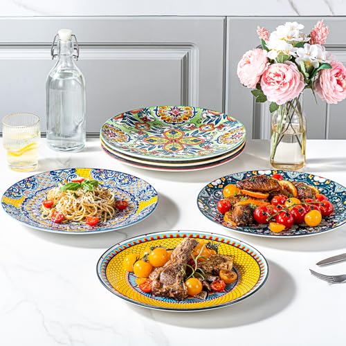 HENXFEN LEAD Dinner Plates Porcelain, 27 cm Salad Plates Coloured Breakfast Plates, 6 Piece Large Round Plate Set with Pattern and Colourful - Bohemian Style - Image 6