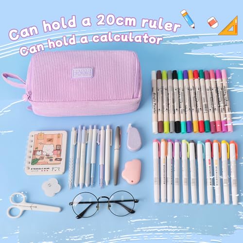 Image of iSuperb Big Capacity Corduroy Pencil Case 3 Compartments Pen Pouch Simple Organizer Bag Large Capacity Pencil Box for Adults (Purple)