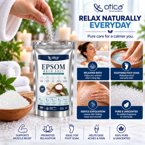 Image of OTICA Epsom Salt 1KG, USP Grade Magnesium Sulphate Bath Salt, Foot Soak