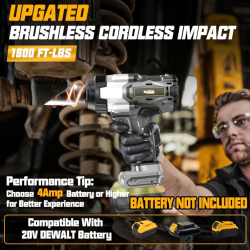 Image of Cordless Impact Wrench 1 /2 inch Compatible with Dewalt 20V Battery, 1600Ft-lbs(2200N.m) High Torque Impact Gun Heavy Duty, Brushless Electric Power Impact Driver with 4 Speed Modes & LED Work Light