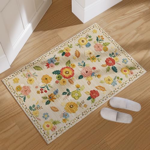 Washable Small Entryway Area Rugs: 2'x3' Floral Rug Non Slip Door Mat Indoor Entrance Stain Resistance Low Pile Throw Rugs for Inside Front Door Floor Bedroom Bedside Kitchen Nursery Dorm Home Entry