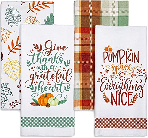 Whaline Fall Kitchen Towel Autumn Leaves Green Brown Plaids Dish Towel Retro Thanksgiving Fall Harvest Tea Towel Hand Drying Cloth Towel For Autumn Holiday Kitchen Cooking Baking, 4 Pack, 28 X 18 Inch #TOP4