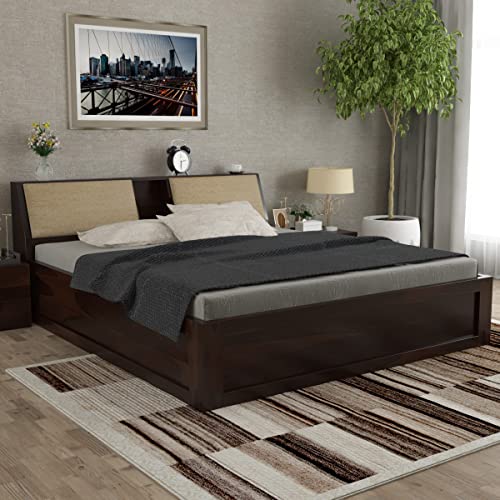 Sheesham Wood King Size Bed with Box and Headboard Storage for Bedroom Home (Walnut Finish)