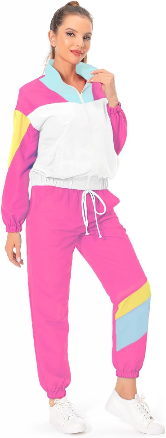 Women's 2 Piece Tracksuit 80s 90s Retro Outfit, Long Sleeve Windbreaker Jacket Neon Color Block Tracksuit Set - Image 4