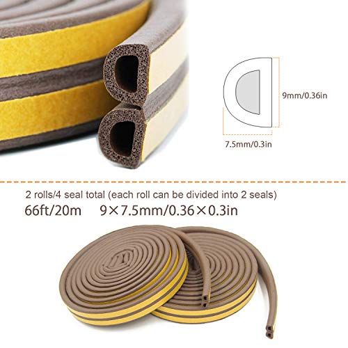 Image of Door Weather Stripping, Window Seal Strip for Doors and Windows- Self-adhisive Foam Weather Strip Door Seal | Soundproof Seal Strip for Cracks and Gaps Epdm D Type (66Ft) 2 Pack (Brown)