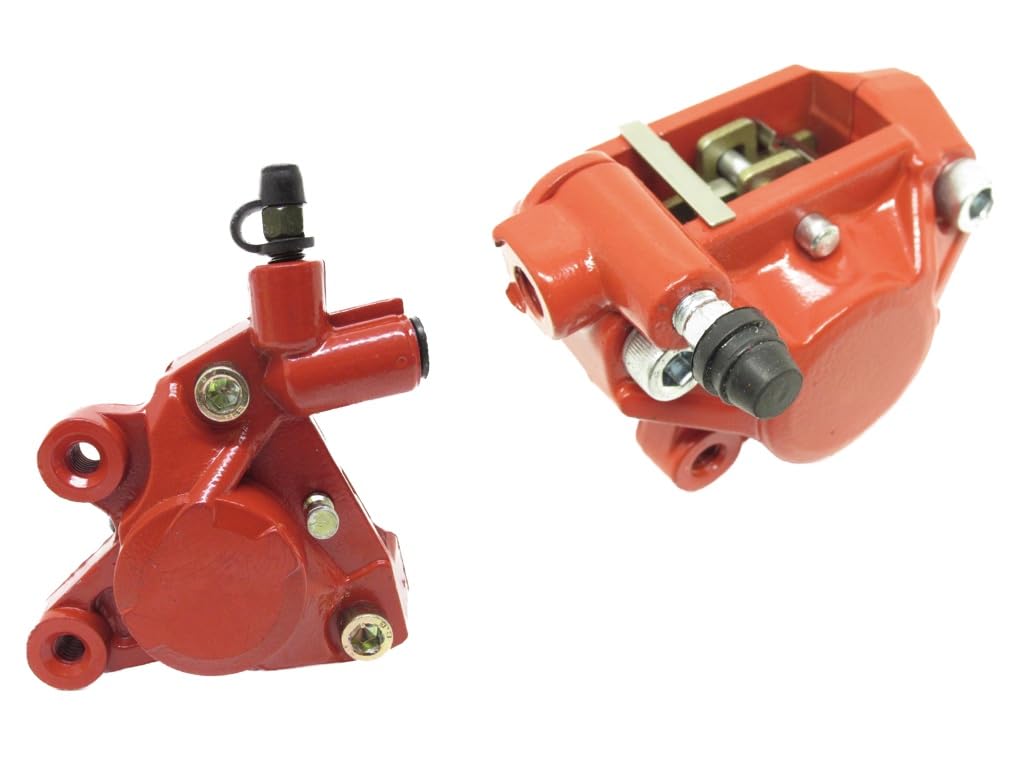 Bremssattel Bremszange Set Rot passend für Yamaha Aerox, MBK Nitro, Aprilia SR 50, Benelli 491, Italjet Dragster 50 – Vorne + Hinten mit vormontierten Bremsbelägen