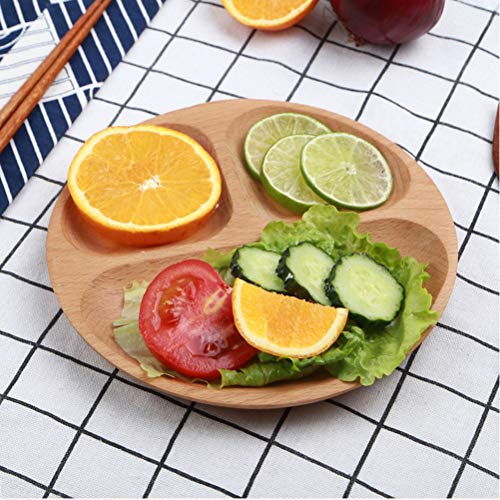 Prato Redondo de Madeira de 1 Pack para Comida com 3 Compartimentos Bandeja de Louças para Lanches e