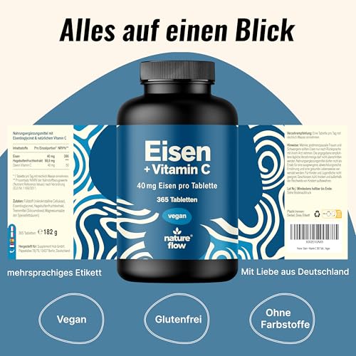 Eisentabletten hochdosiert mit 40g Eisen + Vitamin C - 365 Tabletten - Eisenbisglycinat vegan & produziert in Deutschland - Laborgeprüft 5