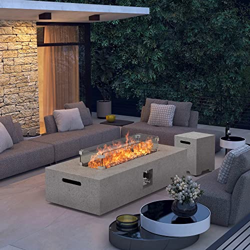 Essential Lounger 56 Inch Firepit Table For Outside, 50,000 Btu Rectangular Concrete Outdoor Firepit Tables With Wind Guard,Waterproof Cover,Lava Rocks,Side Handles,Big Propane Gas Fire Table - Grey #TOP4
