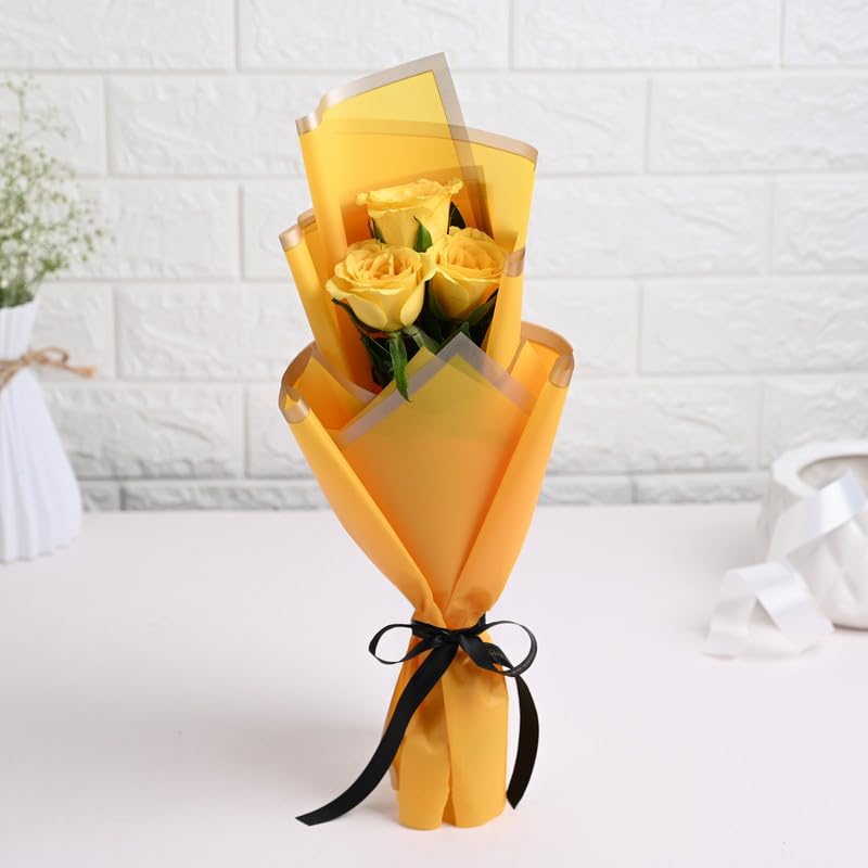 Image of FlowerAura Premium Fresh Live Flower Bouquet of 3 Yellow Roses In Designer Paper Gift For Birthday | Anniversary | Love | Home Decor | Fathers Day Gift For Dad (Same Day Delivery)