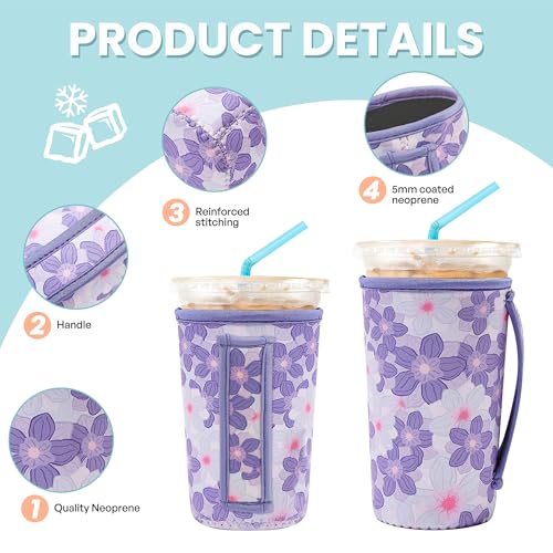Image of KJQJLY 3 Pack Reusable Iced Coffee Sleeves for Iced Coffee Cups or Drinks Reusable Neoprene Insulated Sleeves for Hot and Cold Drinks from Starbucks, Dunkin, And More (Little Purple Flowers)