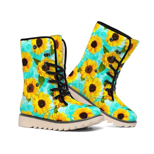 Sunflower Print Winter Boots - Women's Floral Pattern Shoes For