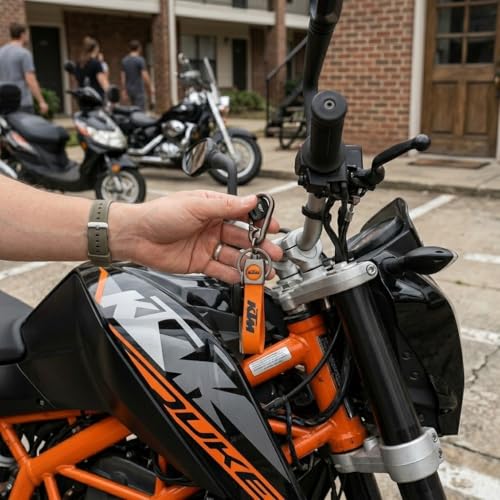 Image of Premium Bike Keychain, Orange, Leather and Metal, with Hook, Anti-Rust Keyring, compatible with KTM Duke 125, 200, 250, 390, RC
