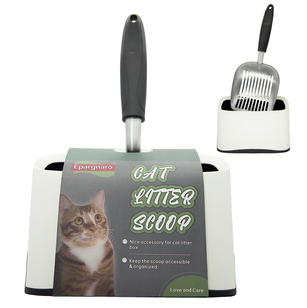 Heavy Duty Cat Litter Scoop with Holder - All Metal Cat Litter Scooper with Holder - Speed Sifter Litter Box Scooper Captures All Clumps - Aluminum Cats Litter Scooper