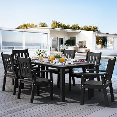 YEFU HIPS Patio Table Set: 7 Piece Outdoor Table and Chairs Dining Furniture Set with Umbrella Hole - Black Modern Plastic Dining Sets 6 Person for Uutside Deck with Metal Aluminum Frame