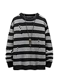Verdusa Men's Distressed Contrast Binding Round Neck Sweater Striped Long Sleeve Knit Top Grey M