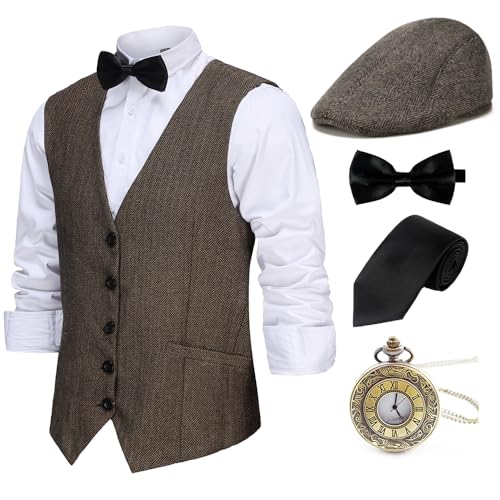 Costume Gatsby Années 1920 – Gilet, Chapeau Fedora, Bretelles, Nœud Papillon, Montre – Pour Homme – Taille Unique