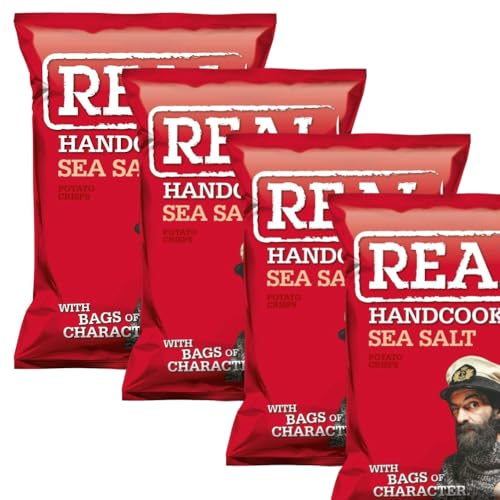 Real Hand Cooked Sea Salt Crisps 4 x 35g Snack Packs | Extra Crunchy Hand-Cooked Chips | Classic Sea Salt Flavour | Ideal for Snacks & Lunchboxes | Vegetarian Friendly Gluten Free No Added MSG