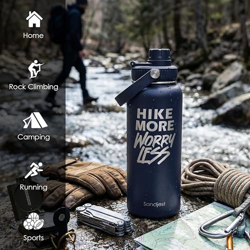 Image of SANDJEST Hiking Insulated Stainless Steel Water Bottle 32oz, Hike More Worry Less, Vacuum Chug Lid Travel Tumbler for Men Friends Dad Brothers Hikers, Gift for Birthday Christmas Fathers Day