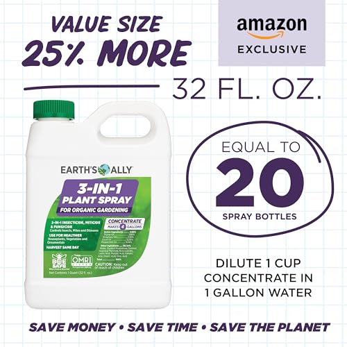 Earth's Ally 3-in-1 Plant Spray 32 oz Conc. Insecticide, Fungicide & Spider Mite Control for Organic Gardening