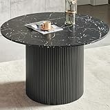 Pandolfini Modern Round Dining Table for 4, 47' Black Round Kitchen Table with Imitation Black Marble Grain MDF Top, Wood Strips Pedestal Base for Living Room, Kitchen