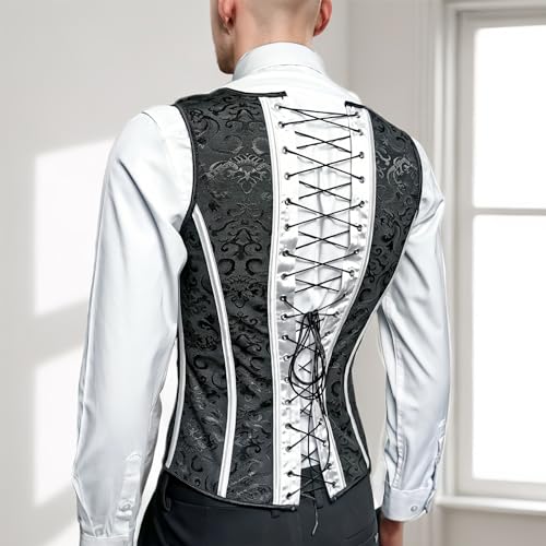 Mens Corset Vest Lace Up Shaping Tops Bones Vintage Dress Waistcoat Print Formal Slimm Fit Wedding Stage4