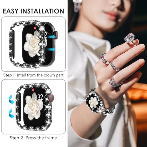 Wingle Bling Case Bumper for Apple Watch Series 11 10 42mm Case Cover, 4 Leaf Clover Lace Edge Diamond Crystal Rhinestone Protective Face Cover Hard PC Frame Protector iWatch 11 10 Cases 42 mm, Black - image 6