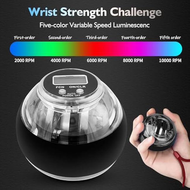 Torque Ball Hand Exerciser, Gyro Ball, Auto-Start Gyroscopic Wrist Trainer for Arms, Hand Strengthening Devices, Wrist Strengthener, Finger Exerciser, Auto-Start Colorful Lightin