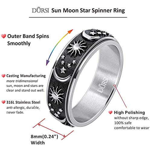 Dursi Sun Moon And Star Spinner Fidget Ring For Anxiety For Men Women Stainless Steel Rotating Engagement Wedding Band (Black Silver, Size 8) #TOP1