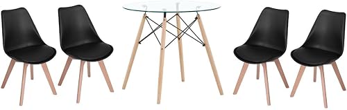 SMTE Modern Wooden Round Dining Table with 4 Set of Soft Padded Chairs - Black with keychain