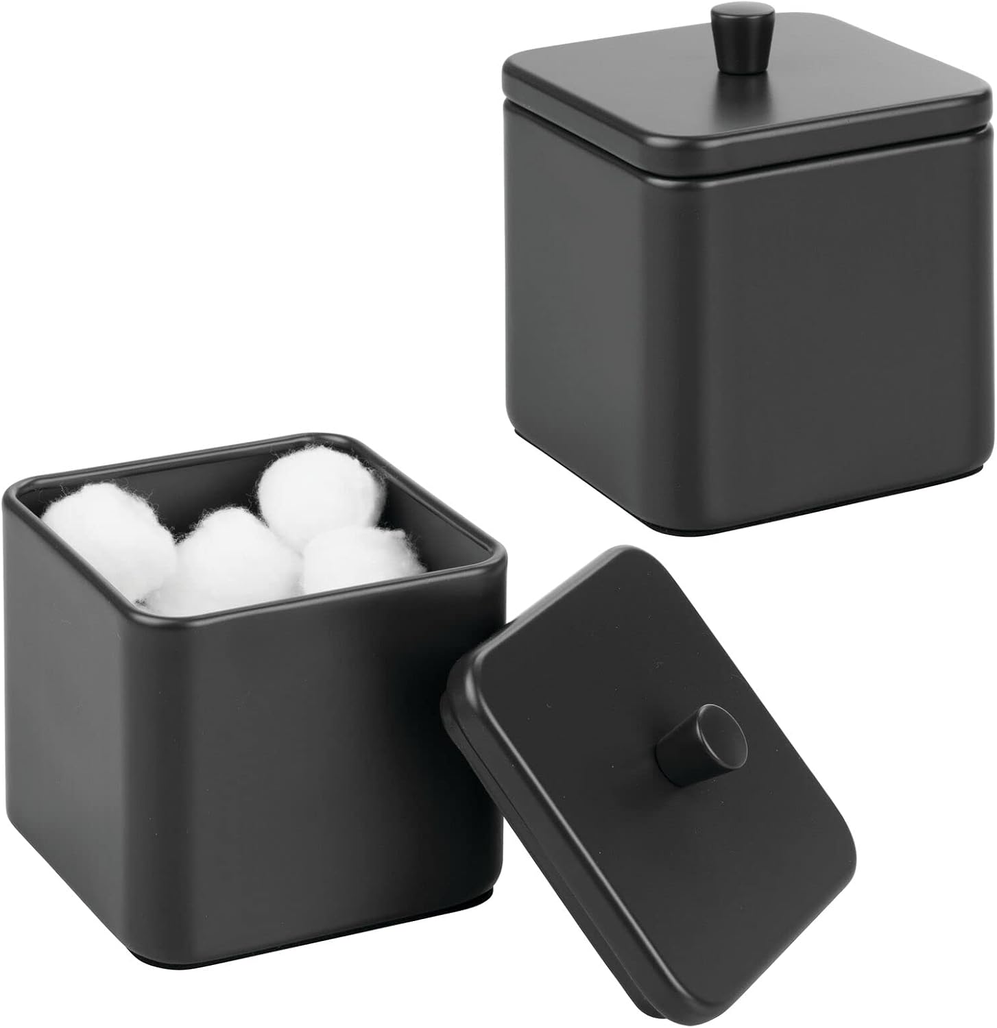 mDesign Small Metal Square Bathroom Apothecary Storage Organizer Canister Jars with Lid - Organization Holders for Vanity, Makeup Tables - Unity Collection - 2 Pack - Black
