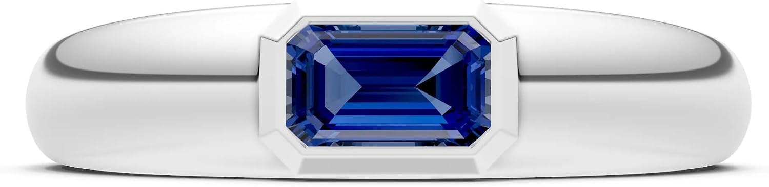 PEORA Emerald Cut Cut Blue Sapphire Dome Band Available in Solid 10K, 14K or 18K Ring – White, Yellow or Rose Gold