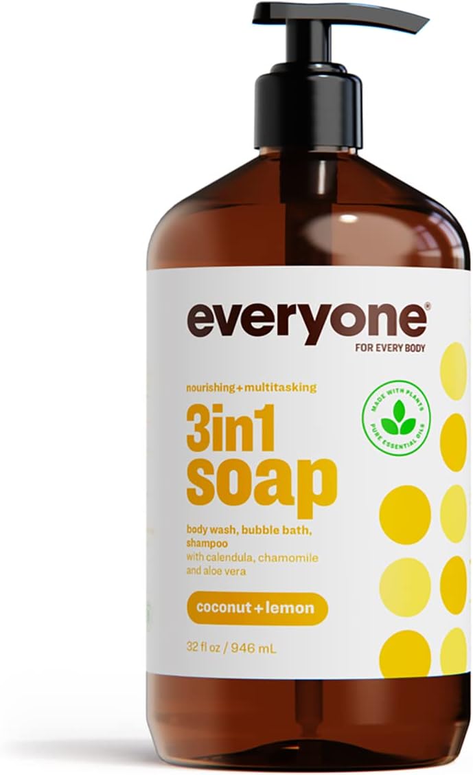 Everyone 3-in-1 Soap, Body Wash, Bubble Bath, Shampoo, 32 Ounce (Pack of 1), Coconut and Lemon, made with Essential Oils for Men and Women