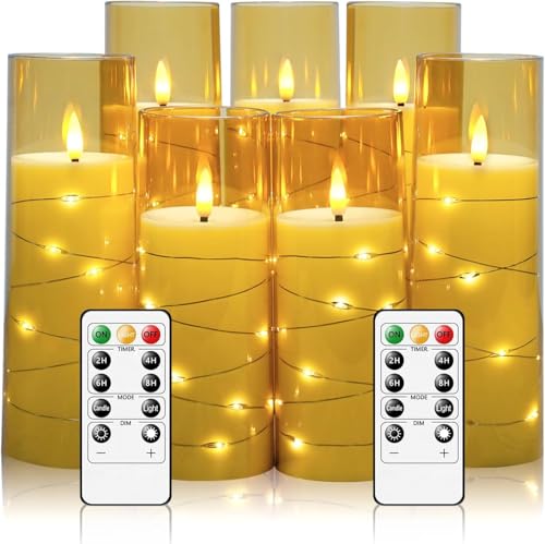 Bibykivn Flammenlose Kerzen mit Lichterkette, 7 Stück Flammenlose LED Batteriebetriebene Kerzen mit Fernbedienung und Timer, Eingebettete Lichterkette für Heimdekoration, Valentinstag (Gold) Bibykivn Flammenlose Kerzen mit Lichterkette, 7 Stück Flammenlose LED Batteriebetriebene Kerzen mit Fernbedienung und Timer, Eingebettete Lichterkette für Heimdekoration, Valentinstag (Gold)