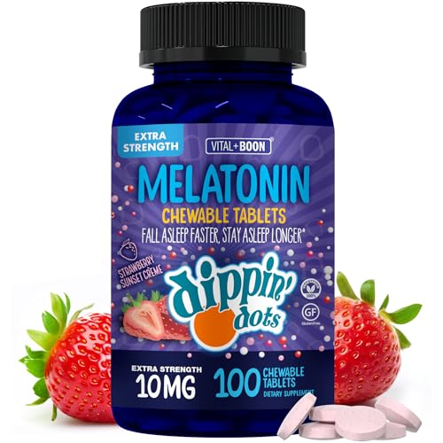 Dippin Dots Chewable Melatonin 10mg Melatonin 10 mg Tablets for Adults Sugar Free Strawberry Sunset Creme Flavor Restful Sleep Support Supplement Kosher Gluten Free Vegetarian (100 Count)