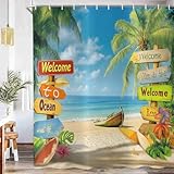 ASDCXZ Tropisch Strand Duschvorhang 180x200 cm, Sommer Hawaiian Palme Boot Blau Ozean Küste Naturlandschaft Wasserdicht Badvorhang Polyester Textil Waschbar Duschvorhänge für Badewanne mit 12 Haken