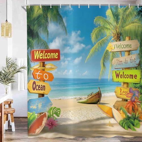 ASDCXZ Tropisch Strand Duschvorhang 180x200 cm, Sommer Hawaiian Palme Boot Blau Ozean Küste Naturlandschaft Wasserdicht Badvorhang Polyester Textil Waschbar Duschvorhänge für Badewanne mit 12 Haken