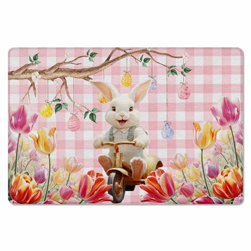 Easter Bunny Kitchen Bath Door Mat Cushioned Runner Rug,Washable Welcome Floor Sink Antifatigue Mat,Waterproof & Non-Slip Comfort Standing Doormat,Plaid Pink Eggs Tulip Aesthetic Floral 18
