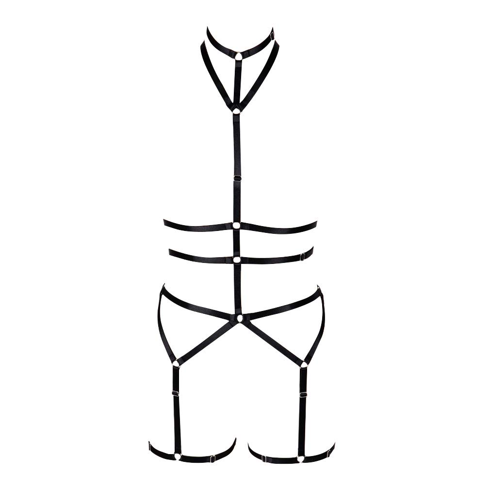 PETM·HSWomen's Punk Body Breast Harness Strap Frame Bra Lingerie Full Cage Waist Stockings Garter Belt Set Halloween Dance Club Party Rave Wear (Black)