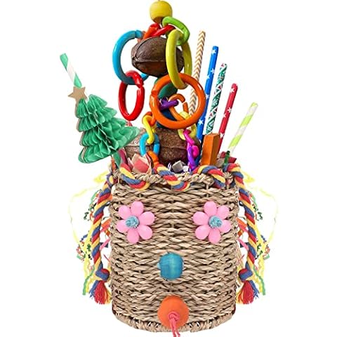 YIXUND Bird Toys,Seagrass Foraging Basket Bird Toy with Colorful Crinkly Paper Wooden Blocks Paper and Bamboo Fingers Nuts DIY Honeycomb Tree for Small Parrot Birds Cover