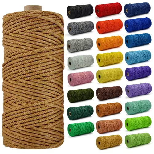 Hdviai Macrame Cord - Natural Unbleached Macrame Rope - 4 Strand Twisted Cotton Rope for Wall Hanging，DIY Craft Making，Plant Hangers，Knotting Decorative Projects (Caramel Brown, 3mm x 220Yards)