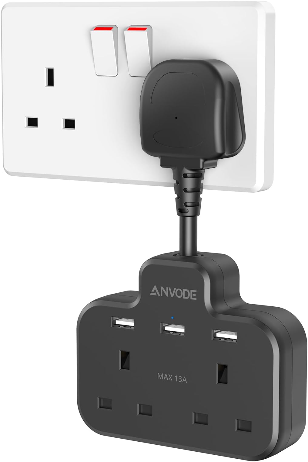 Double Plug Adaptor with USB, 2 Way Wall Adapter with Short Extension Lead, Multi Plug Socket Extender For Home Office (Black)