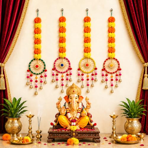 TIED RIBBONS Set of 4 Artificial Marigold Flowers Garland Wall Do...